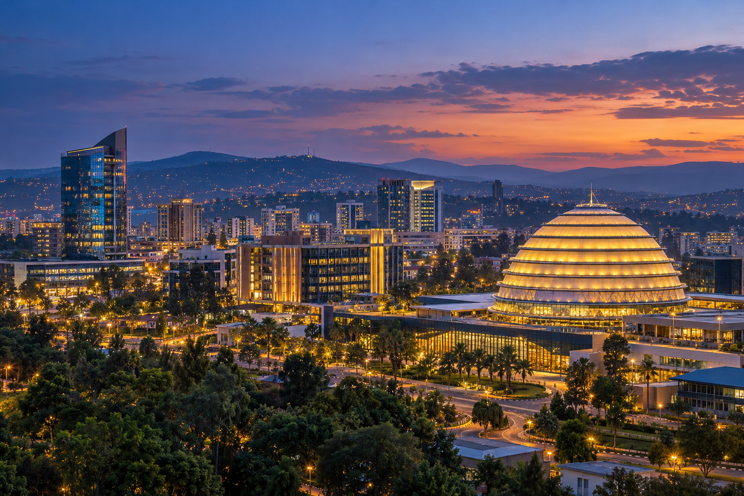 Kigali city skyline in the evening